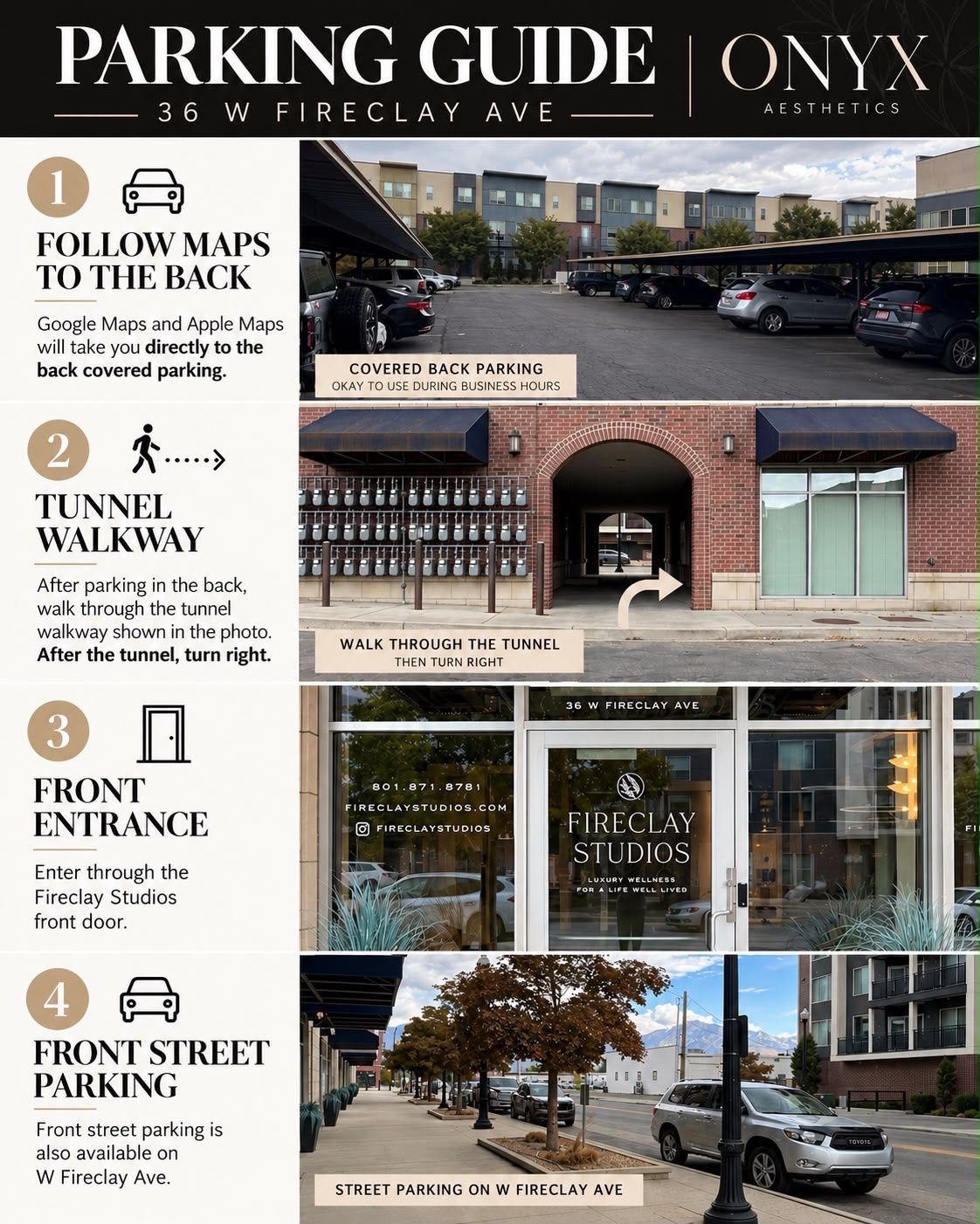 Parking guide: follow maps to the covered back parking, walk through the tunnel and turn right, enter through the Fireclay Studios front door. Street parking is also available on W Fireclay Ave.